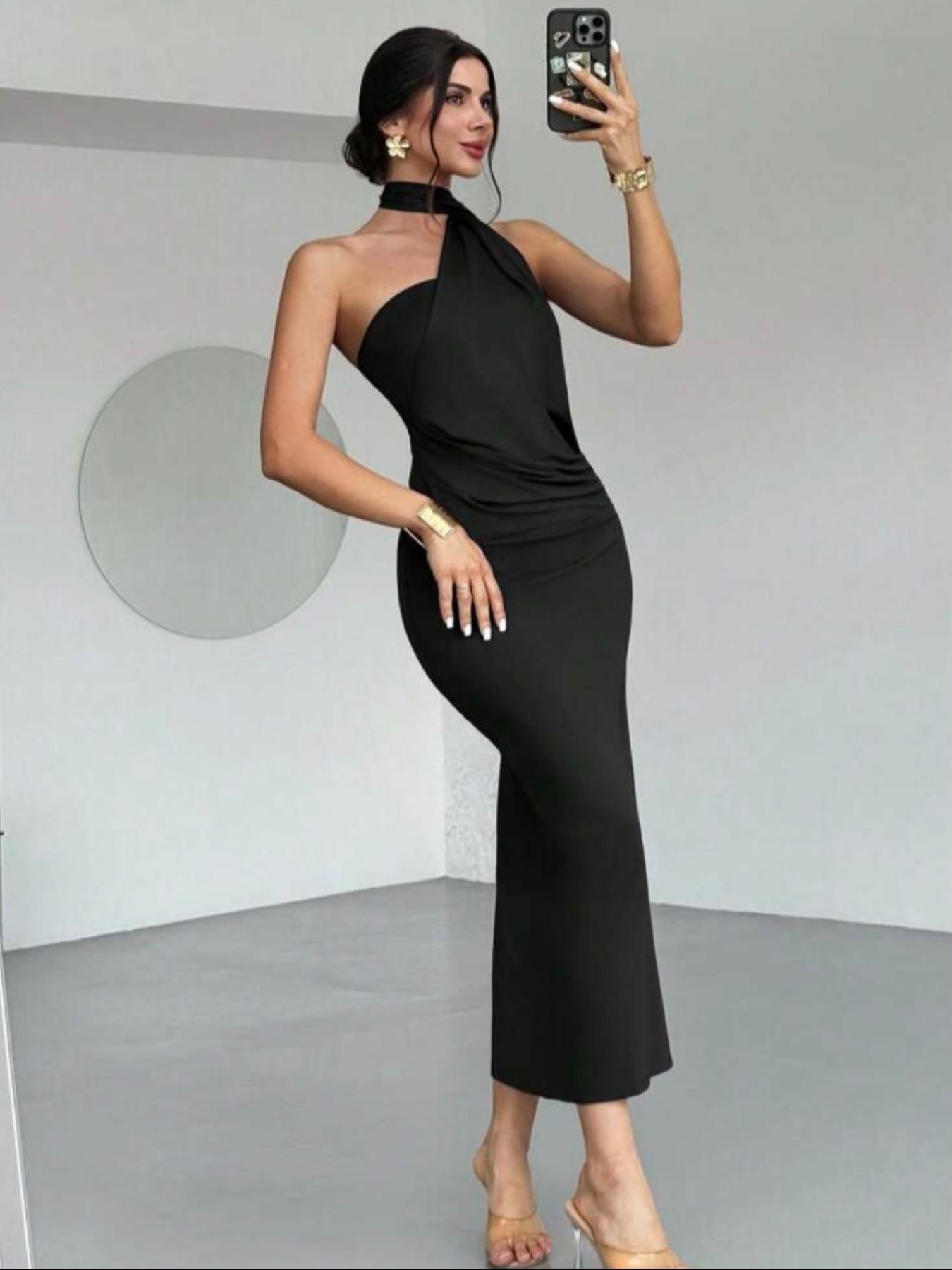 Elegant Backless Bodycon Dress, Unique Cross Neck Design, Flattering Wrinkles Detailing, Perfect for Evening Out & Street Style