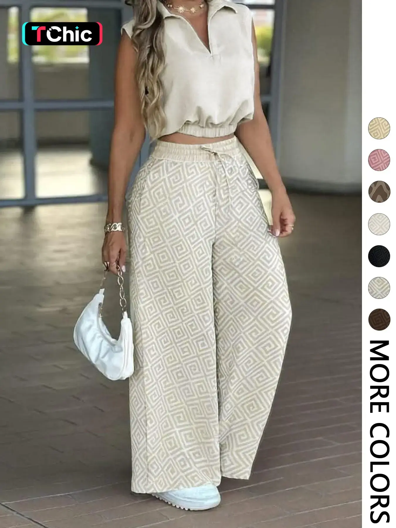2-Piece Women's Casual Commuter Clothes Set, Two Pieces Outfits, Sleeveless Collared Waist-Defined Top with High-Waisted Adjustable Drawstring Wide-Leg Pants