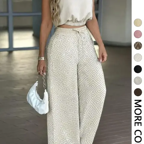 【Black Friday】2-Piece Women's Casual Commuter Outfit, Sleeveless Collared Elastic Hem Cropped Top with High-Waisted Adjustable Drawstring Wide-Leg Pants