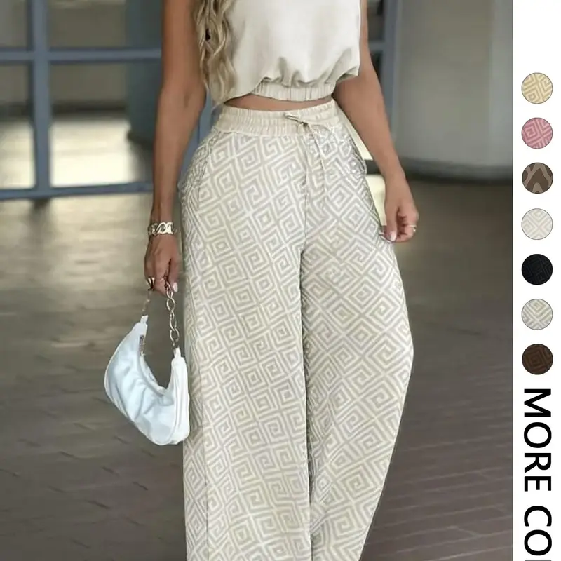 【Black Friday】2-Piece Women's Casual Commuter Outfit, Sleeveless Collared Elastic Hem Cropped Top with High-Waisted Adjustable Drawstring Wide-Leg Pants