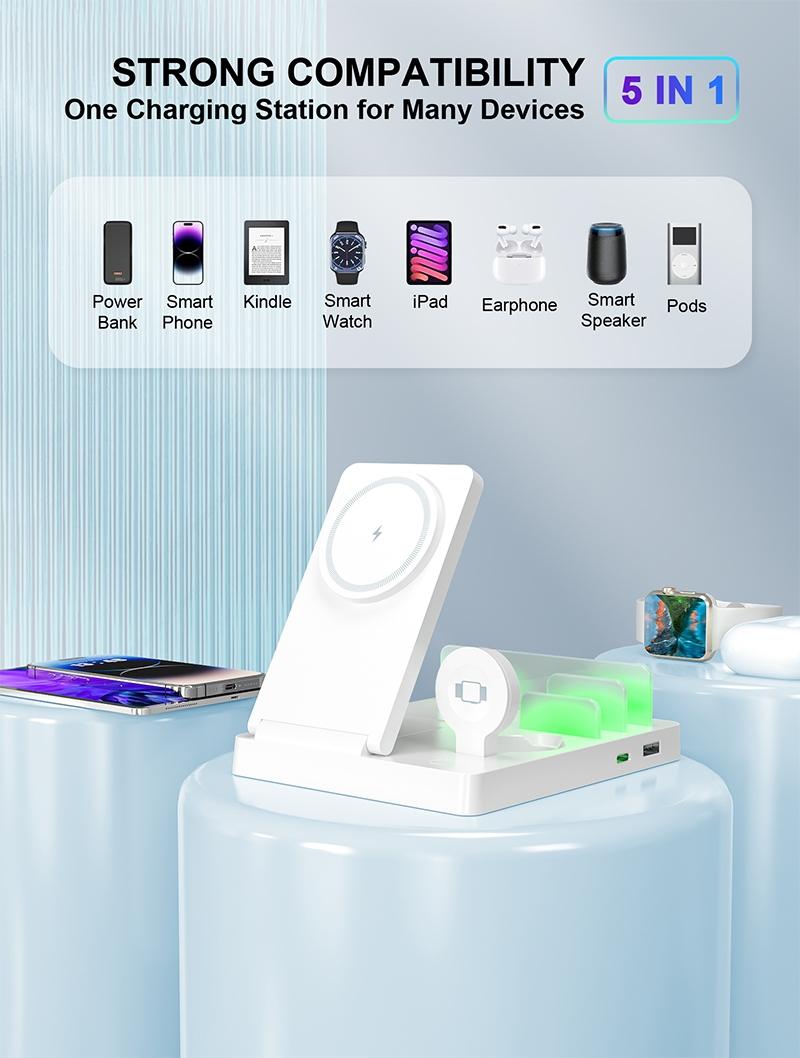 Smart Multi-Device Fast Wireless Charging Station, Foldable Charger Stand, Smart Charging Dock, Compatible with iPhone Samsung Series Apple Watch, Lightweight USB Design
