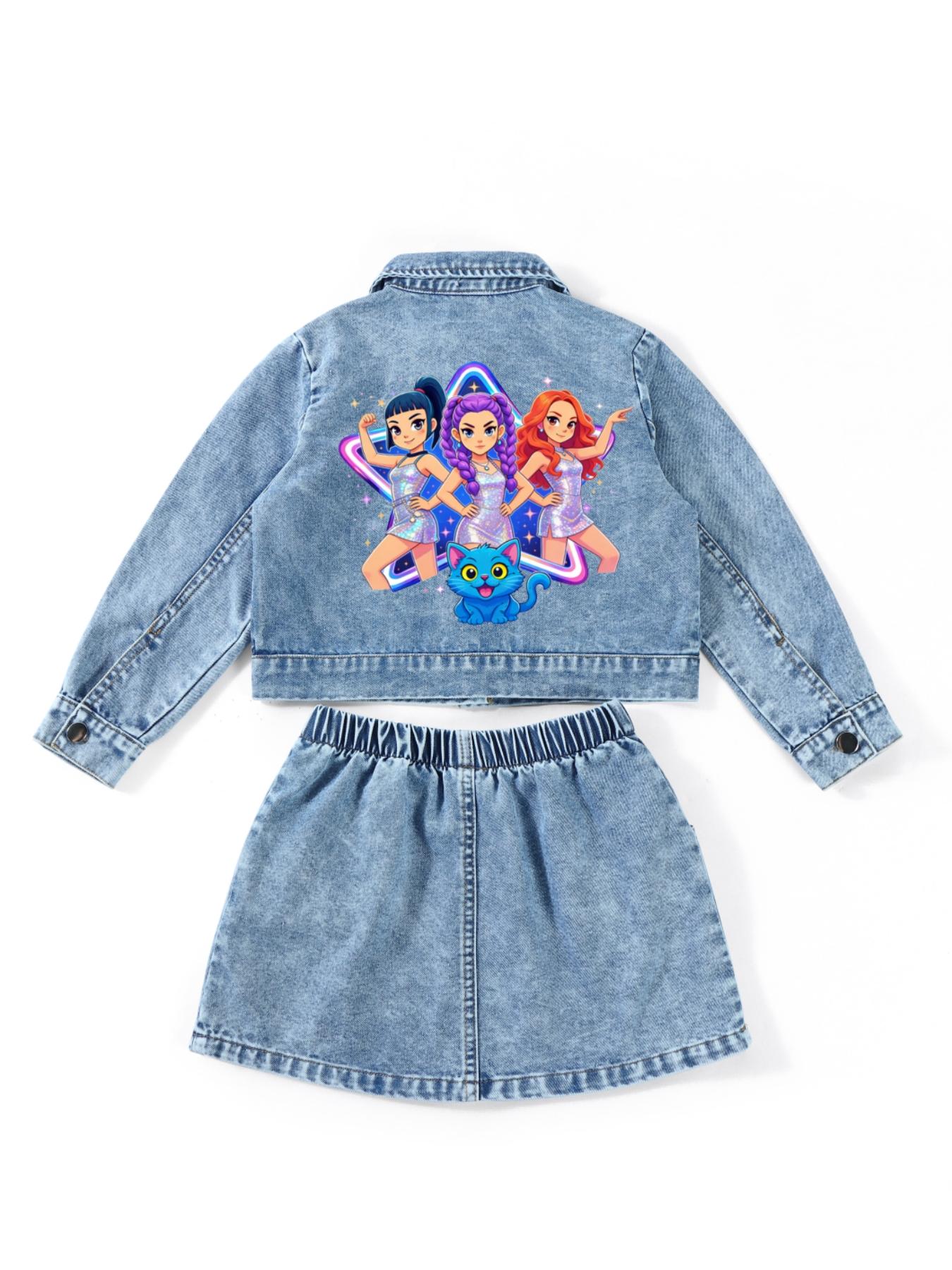 Back-To-School Sweet Cool Girl, K-Pop Girl Group Jeans Set, Y2K Retro Cartoon Print, Cute and Comfortable, Tiktok Trendy Ootd