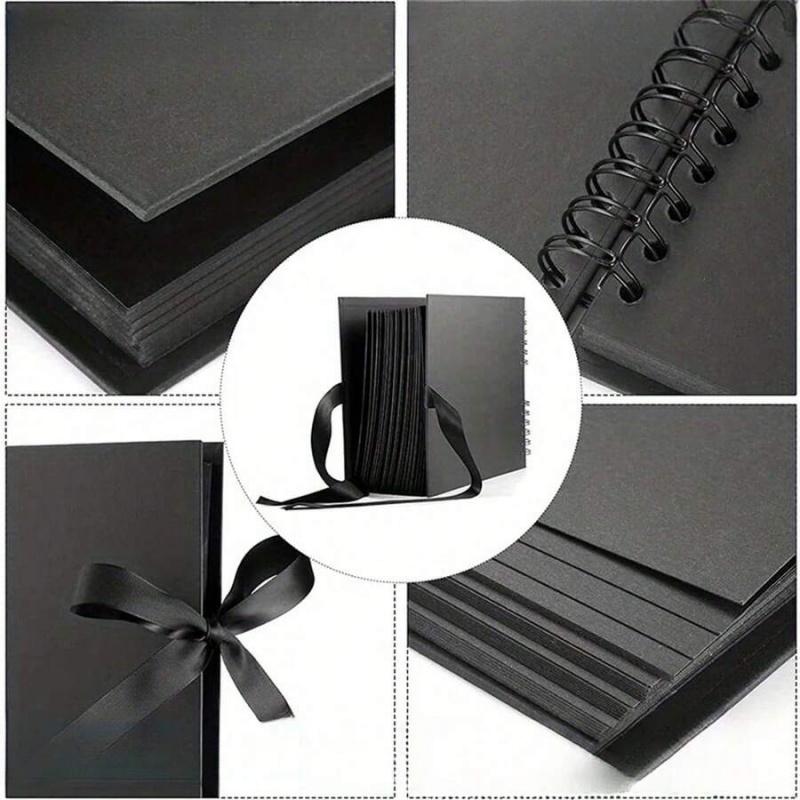 Eternal Memory Black Scrapbook Kit, Hardcover Spiral-Bound Photo Journal with Elegant Ribbon Closure, Complete DIY Memory Album Set for Couples, Weddings, Birthdays, and Travel Keepsakes