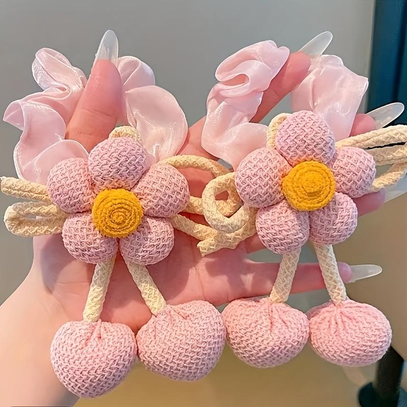 6 Pcs Knitted Flower Hair Scrunchies for Girls Bow Tassel Ponytail Holders Cute Hair Accessories for Kids Double Buns Hairstyle
