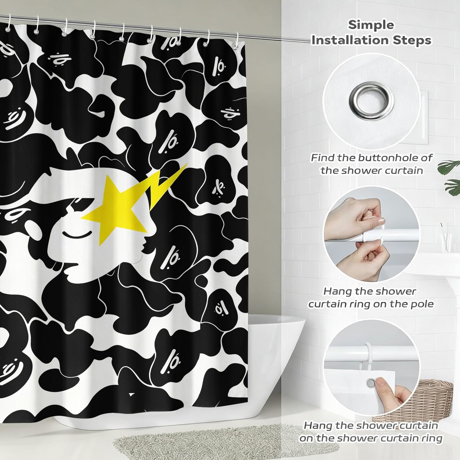 Black and White Camouflage Yellow Star Lightning Ape Head Print Aesthetic Shower Curtain, Waterproof Oxford 12 Hooks Easy Install, Privacy Bath Curtain, Streetwear Enthusiast Home/Dorm/Gaming Room Bathroom Decor