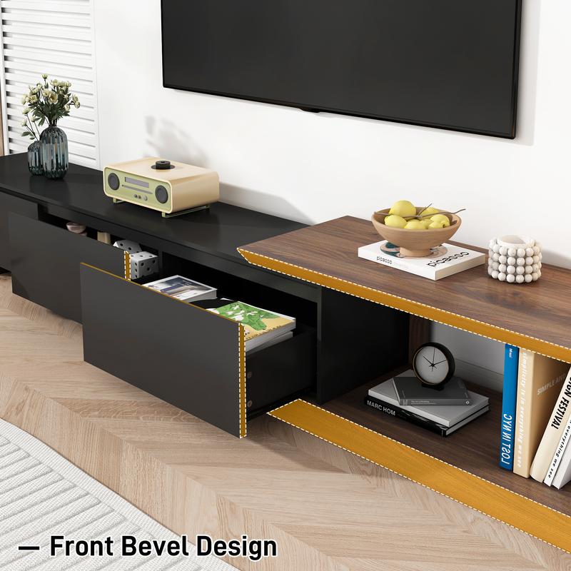 Extendable TV Stand with 3 Drawers, Modern Minimalist Entertainment Center, Reversible Long TV Media Console, Bevel Design, 82-107 Inch, Black & Walnut/White & Walnut