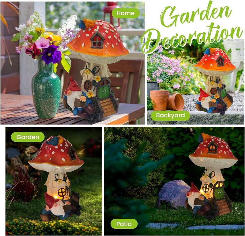 11 Inch Solar Mushroom Fairy House Resion Outdoor Statue Lamp Light Gnome Theme Garden Decor Seasonal Gardening Art for Housewarming Gifts Spring Outdoor Decoration for Patio Garden Balcony