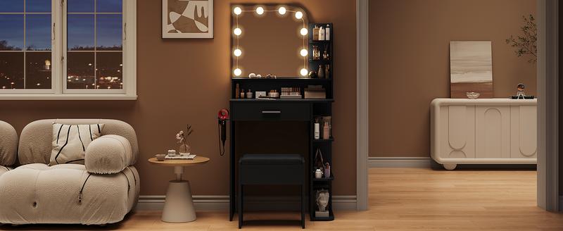 Linor Small Makeup Vanity Desk with Mirror and Lights, 26.4 Small Vanity for Small Space with Stool and Charging Station, Compact Vanity with 3 Color Lighting Modes (White)