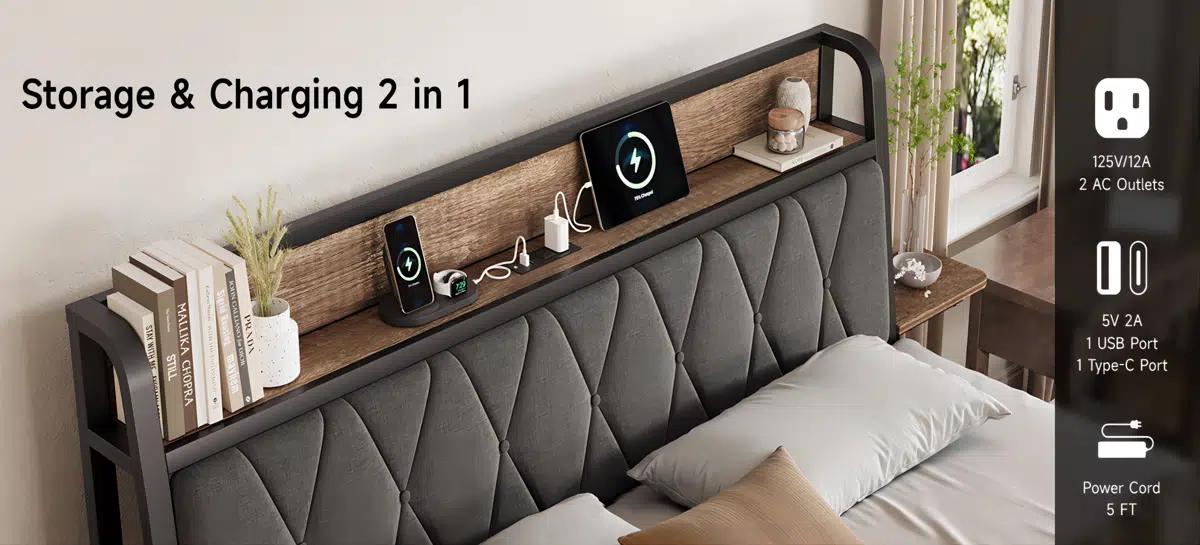 【SPOTLIGHT DAY】ONBRILL Twin/Queen/King Size Bed Frame, Upholstered Platform Bed With Charging Station Ergonomic Headboard And Side Storage Shelf, Noise-Free, BedRoom Furniture 【SPOTLIGHT DAY】ONBRILL Twin/Queen/King Size Bed Frame, Upholstered Platform Bed With Charging Station Ergonomic Headboard And Side Storage Shelf, Noise-Free, BedRoom Furniture