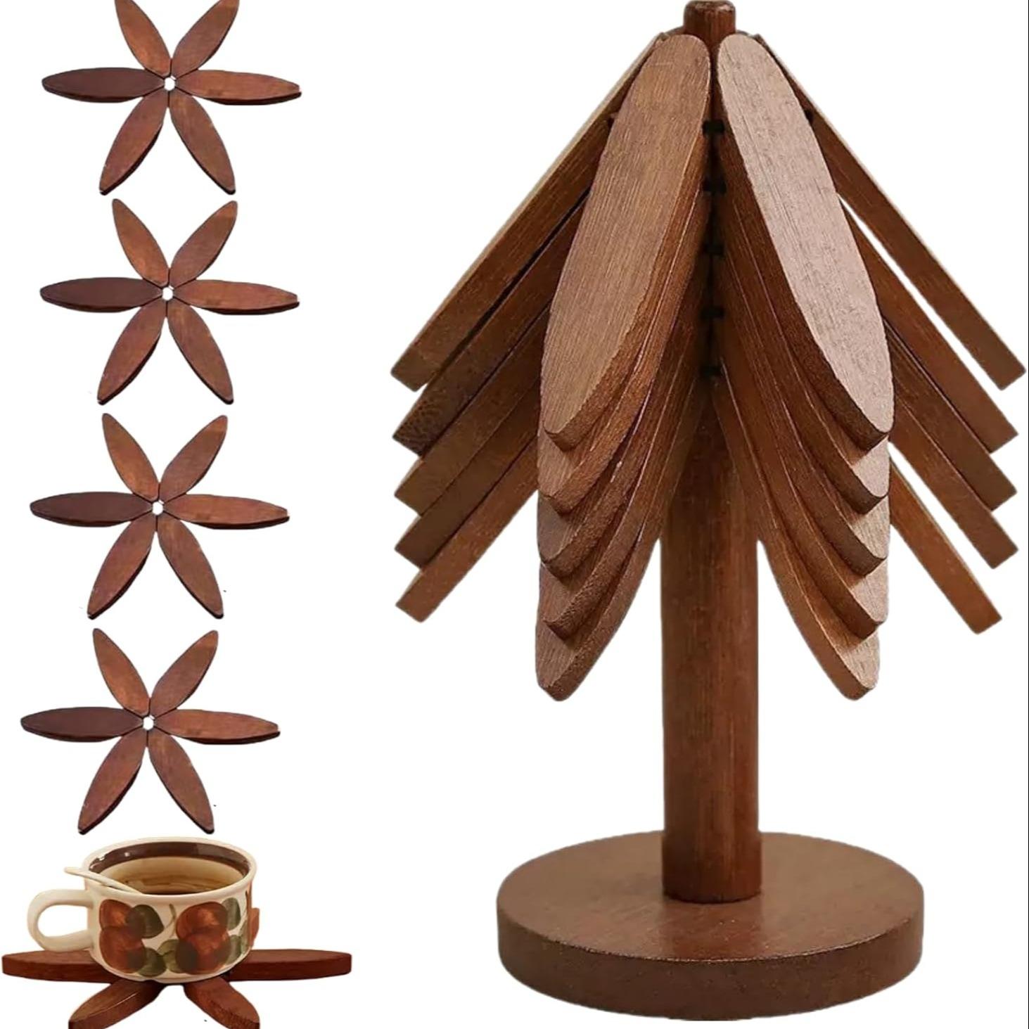 1 set of wooden insulating mats, wooden tree-shaped insulating mats, tree-shaped coaster sets, foldable wooden placemats, 5-piece sets (5 insulating mats+1 bracket), Wooden Coasters, suitable for hot pots/bowls/teapots, kitchen decoration, kitchen gadgets