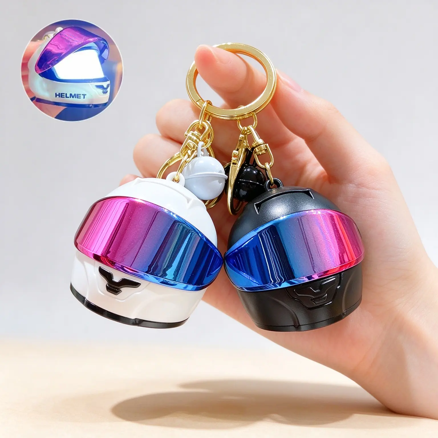 LED Light Up Colorful Mini Motorcycle Helmet Keychain, 3D Racing Silicone Glow Key Ring, Cool Bag Charm Pendant for Biker Gift Party Favors Car Backpack Accessory