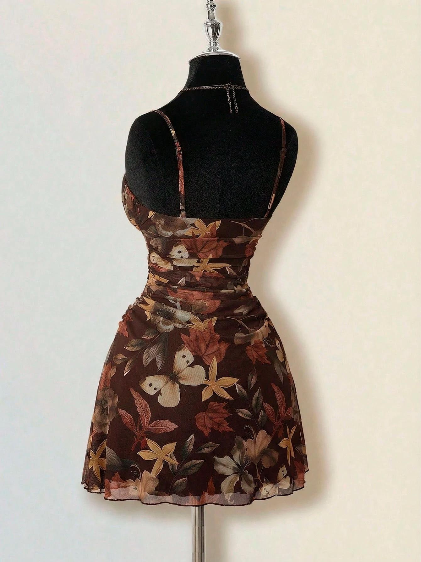 1 Piece Autumn Leaf Waist-Cinched Dress | Euro-American Casual Vibe | Spaghetti Strap Design + Breathable Fabric | Comfortable Pick for Autumn Day Trips / Casual Social Gatherings