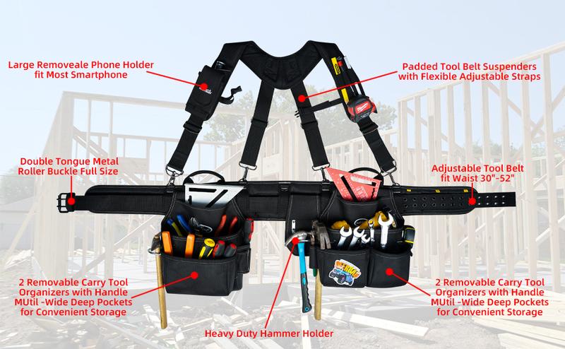 MELOTOUGH Tool Belt with Suspenders Tool Bag Supenders Framers Comb Apron Tool Belt Construction Tool Pouch Builder Heavy Duty Carpenter Suspension Rig for Electrician,  Heavy Duty tool  belts tool pouch Heavy Duty hammer holder  suspender