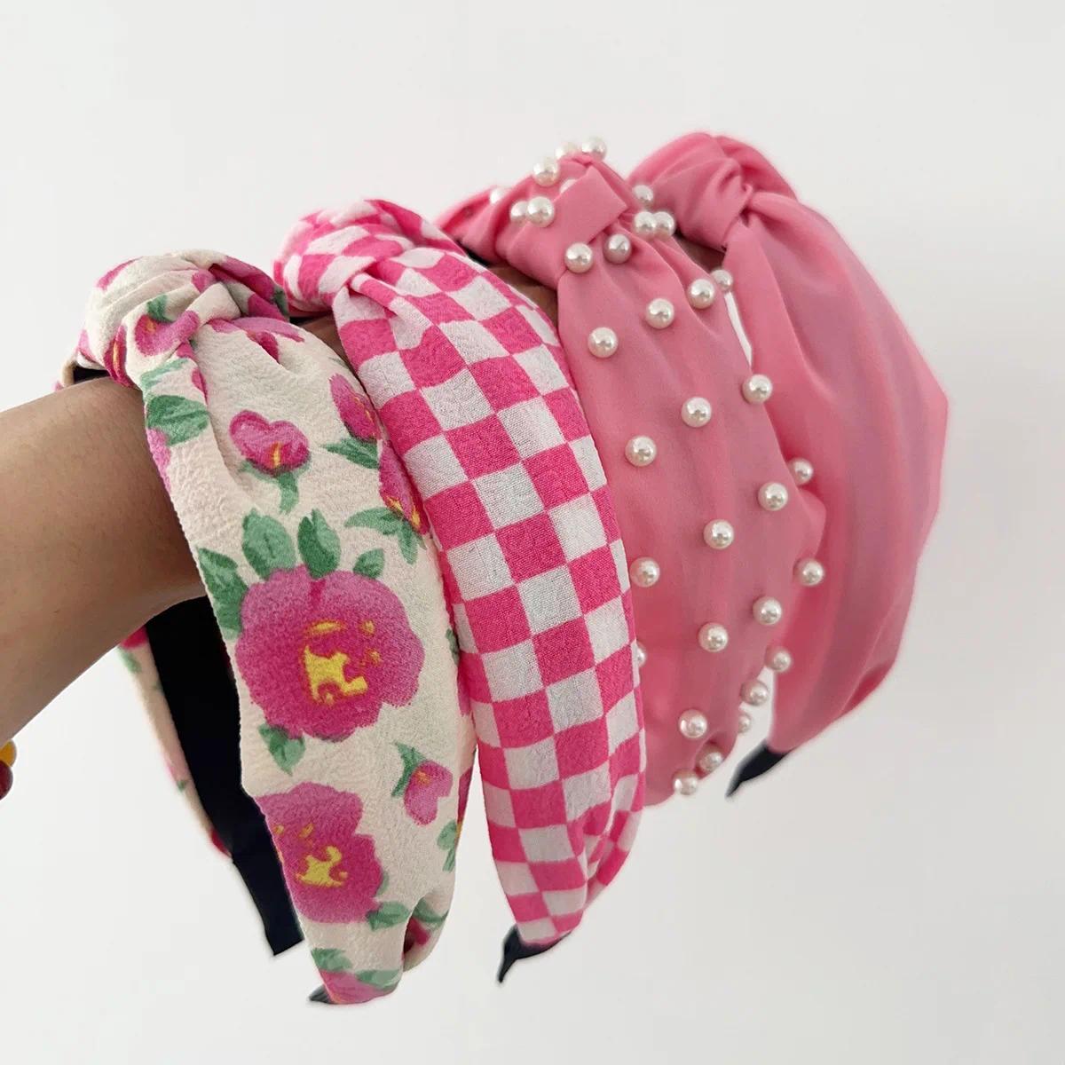 Fabric Hair Bands Wide Edge Sweet Elegant Valentine's Day Hair Accessories New Pink System Pearl Checkerboard Flowers