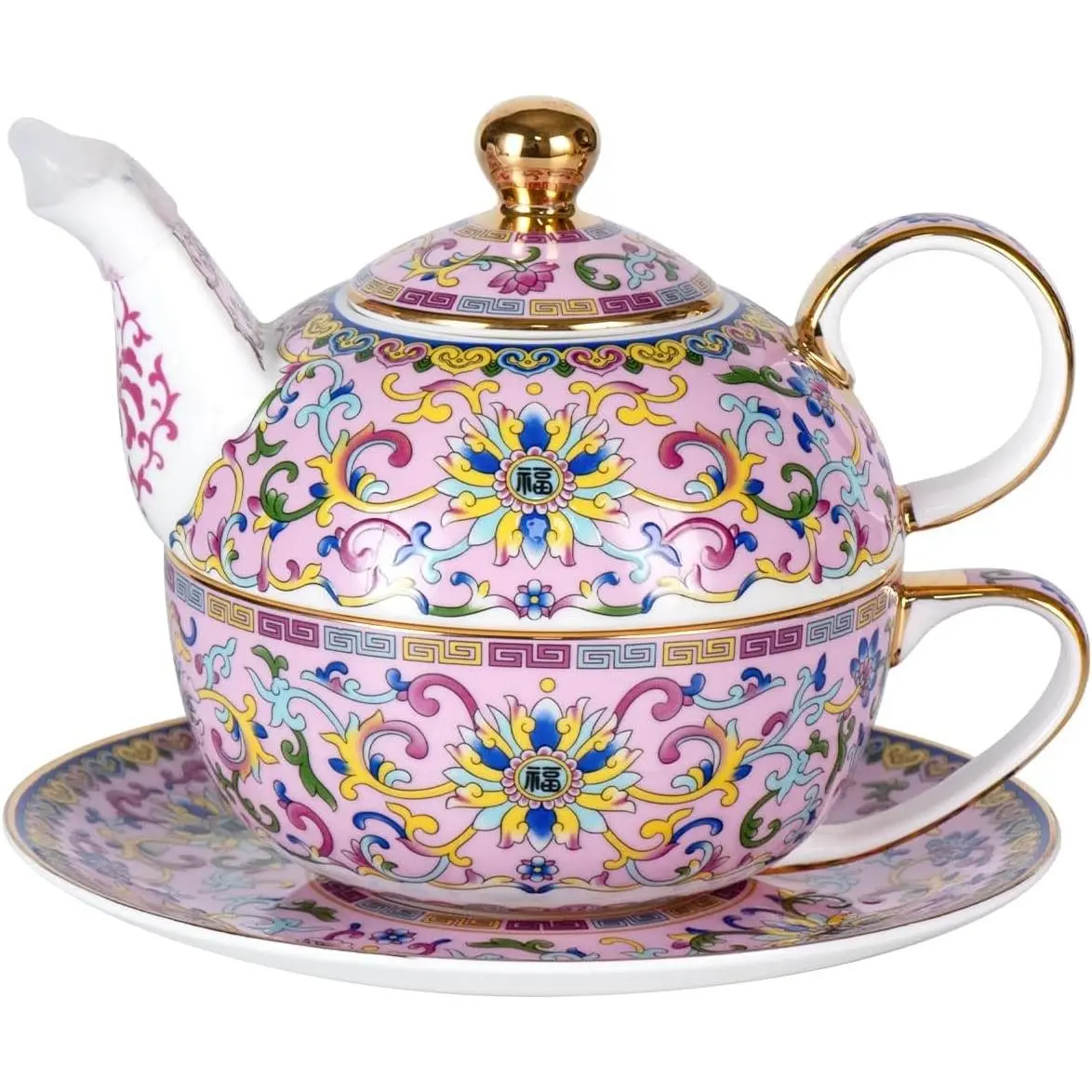 Tea for One Set, Ceramic Teapot, Bone China Tea Set, Cup and Saucer | Pink, Vintage, Porcelain Stackable Tea Pot Set with Golden Trim for Coffee and Cappuccino, Ideal for Afternoon Tea and Gifts