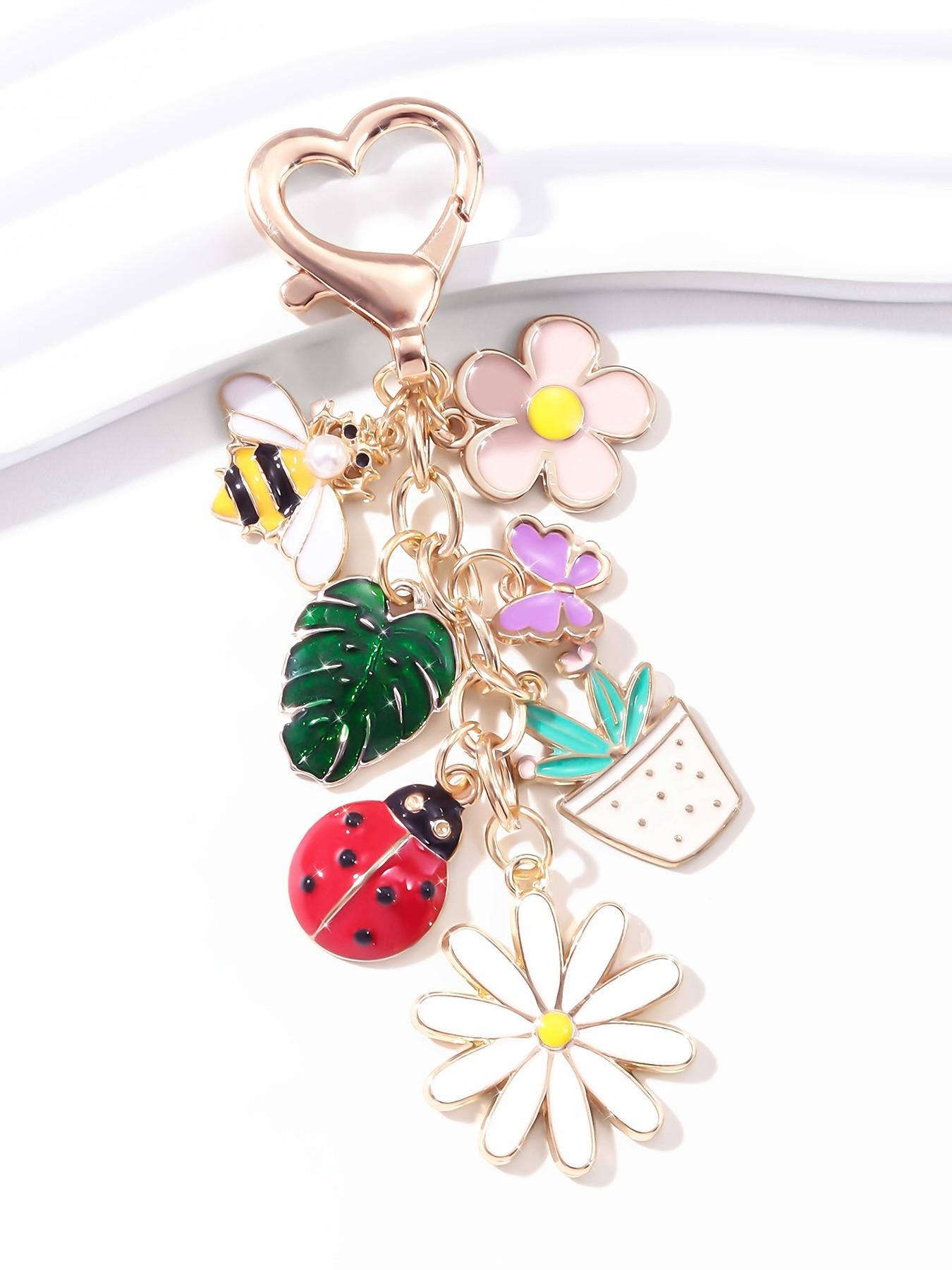 Cartoon Cute Sweet Leaf Ladybug Planter Keychain, Butterfly Flower Plant, Fashion Backpack Charm, Memorial Gift for Friends and Family