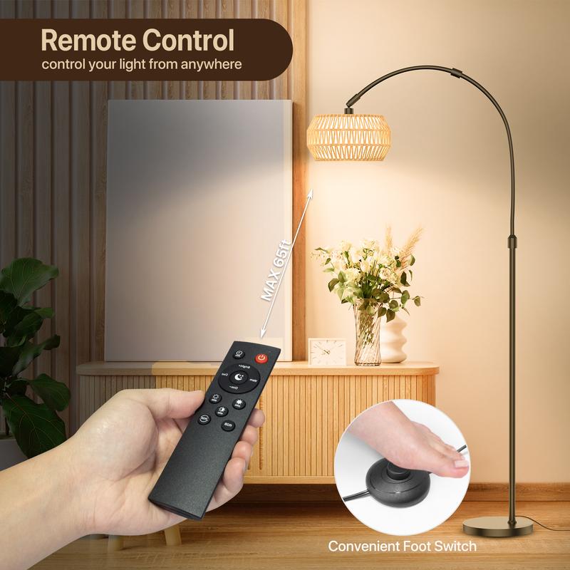 GLITGATE Boho Fishing Floor Lamp with Remote Control, Dimmable Arc Floor Lamp with 3 CCT and RGB,Farmhouse vintage Floor Lamps with Rattan Shades, Vintage floor lamp, Dimmable floor lamp for Bedroom, Office, living room,bedroom