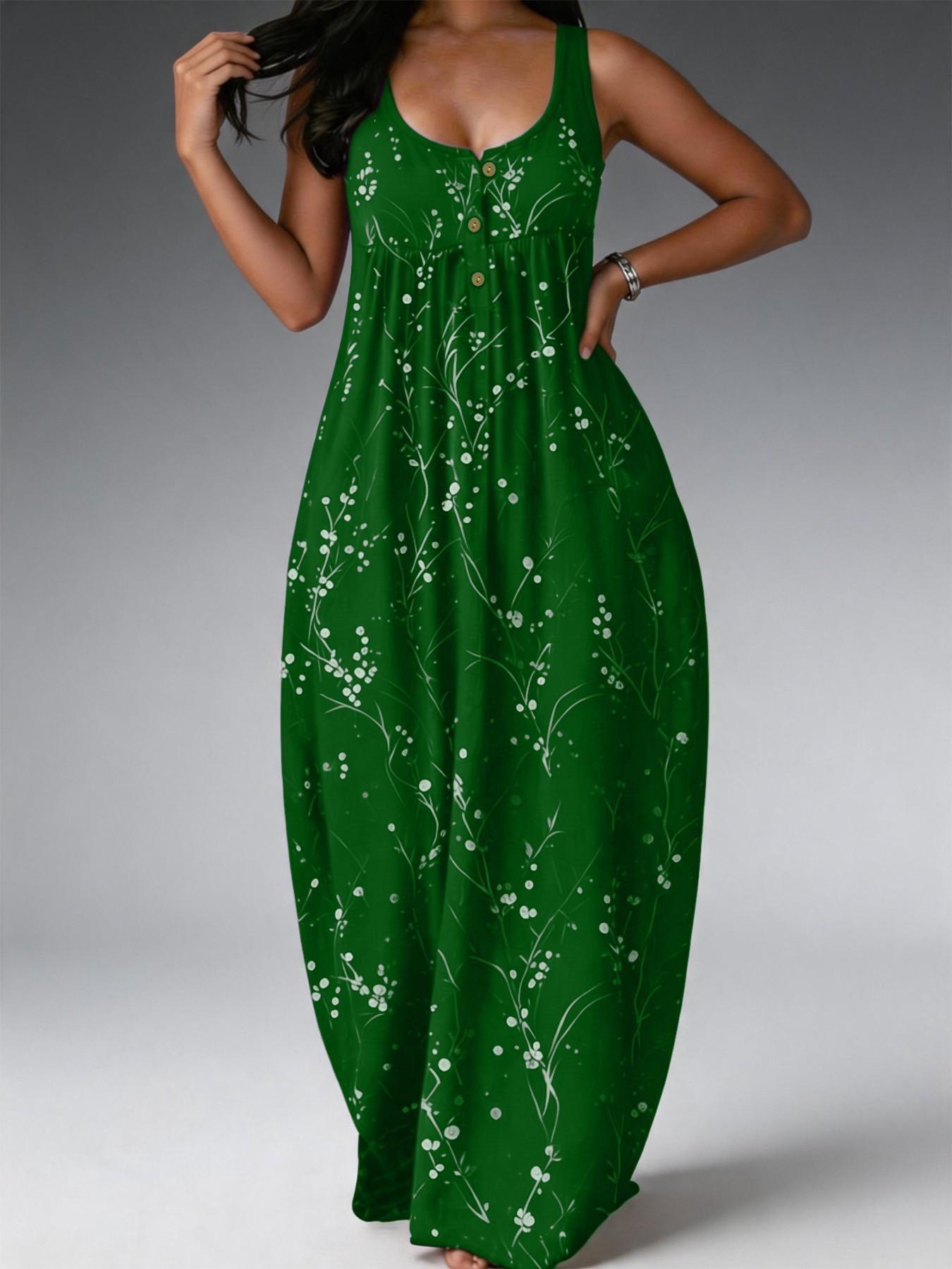 Elegant Plus Size Women's Dress, Loose-Fit Floral Branch Print, Fashionable Chic Sleeveless Long Dress