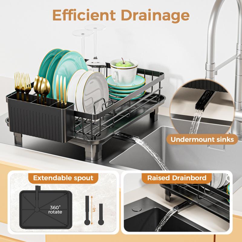 Household kitchen dish rack, quick drainage at the sink drip position, non-slip feet for enhanced stability, equipped with utensil holder and knife clip, classified storage for bowls and plates