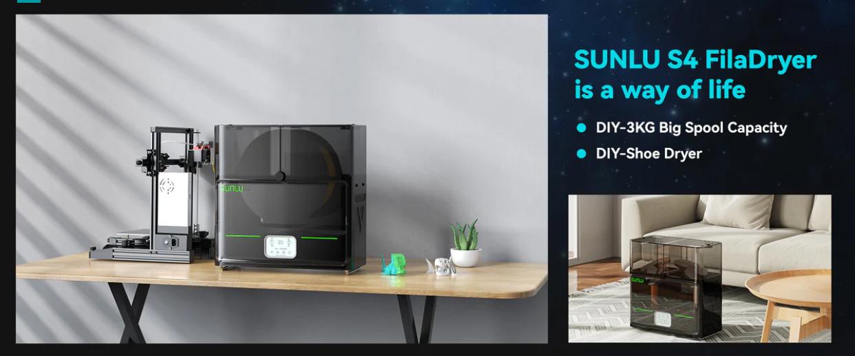 SUNLU Filadryer S4,Four-Spool 3D Printer Dehydrator with Rapid Heating, Auto Humidity Control Advanced Triple Fan Upgrade,Compatible with PLA,PETG,ABS,TPU,PA