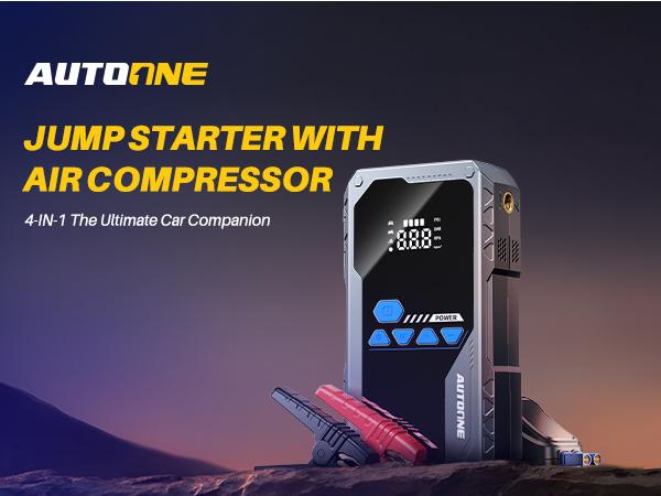 AUTOONE 12800mAh Jump Starter with Air Compressor (10L Gas/8.0L Diesel), 150PSI Car Battery Jumper Starter Portable, 4000A Jump Box Tire Inflator with LED Flashlight, LCD Display, Storage Case AUTOONE 12800mAh Jump Starter with Air Compressor (10L Gas/8.0L Diesel), 150PSI Car Battery Jumper Starter Portable, 4000A Jump Box Tire Inflator with LED Flashlight, LCD Display, Storage Case