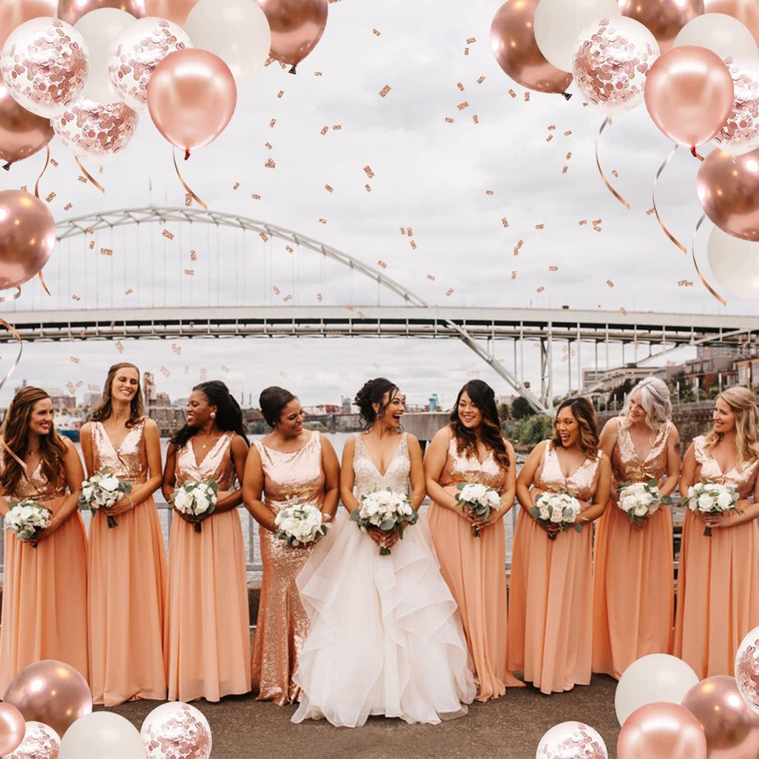 Rose gold colored paper balloons, 50 12 inch metallic rose gold and white latex balloons, paired with plain ribbons, suitable for bridal gatherings, sweet birthday parties, birthday celebrations, and wedding anniversary decorations