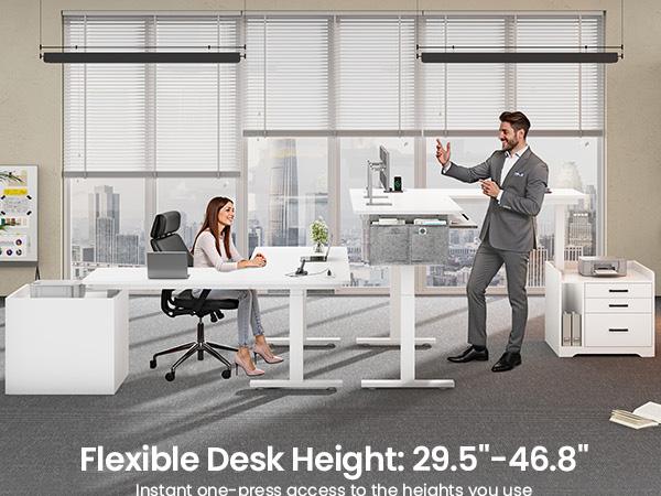 SEDETA 63 Inch Height Adjustable L Shaped Electric Standing Desk Computer Gaming Desk with Led Lights 3 Drawers Power Outlet