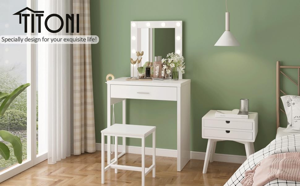 Vabches Makeup Vanity Desk, White Vanity Set Vanity Table with Lighted Mirror, 10 LED Lights Brightness Adjustable, 27.6in(L), White