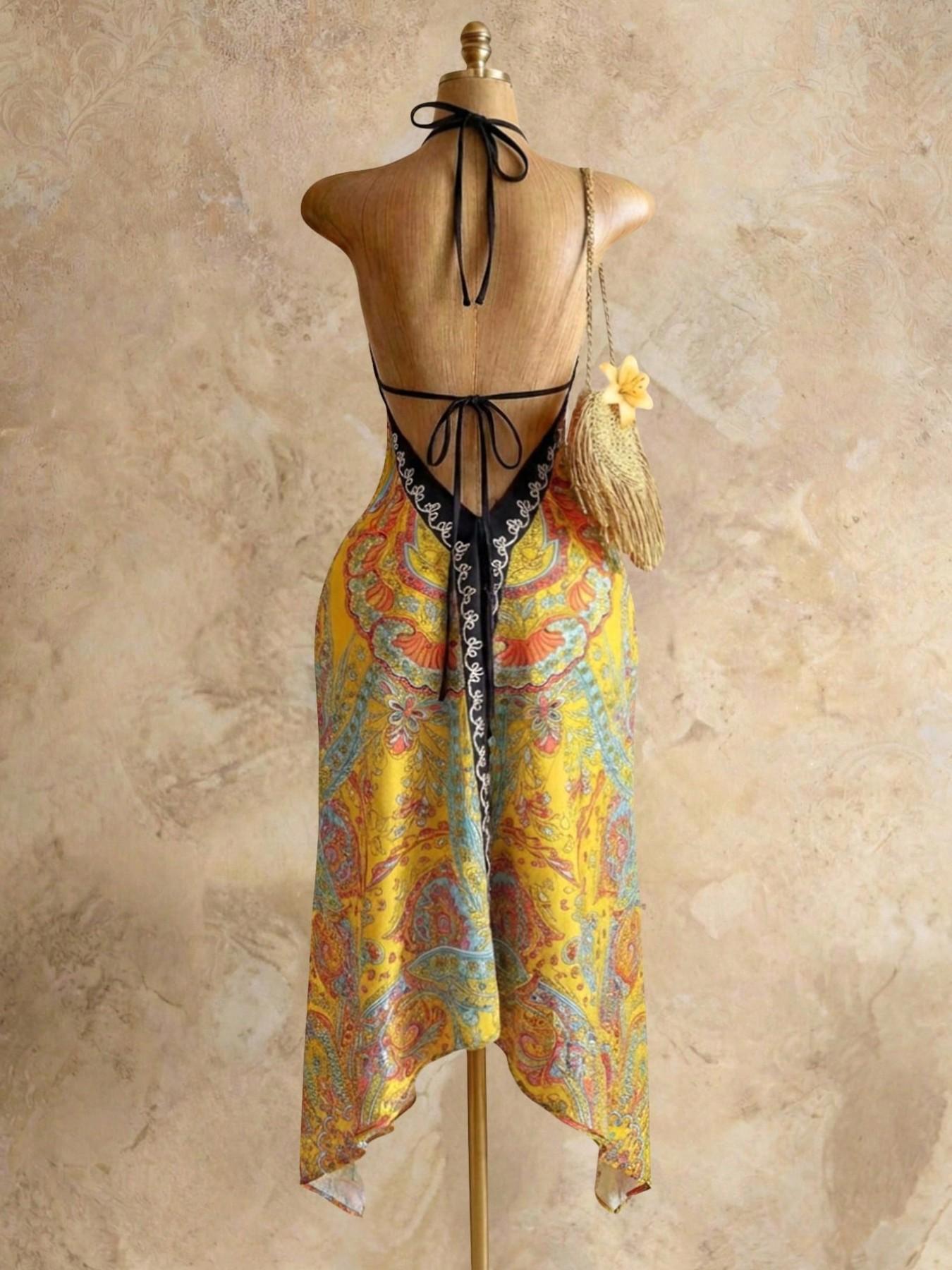 Women's Summer Boho Print Halter Long Dress, Deep V Backless Waist Cinch Sexy Dress, Perfect for Beach Vacation, Date, Daily Wear, Hiking, Boho Printed Dress