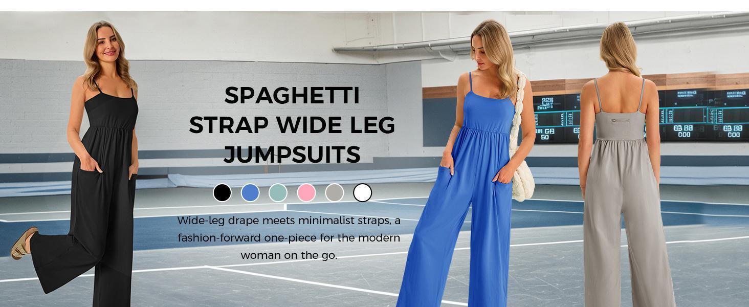 Imily Bela Womens Summer Jumpsuits One Piece Casual Loose Overalls Spaghetti Strap Wide Leg Rompers with Pockets Workout Outfits