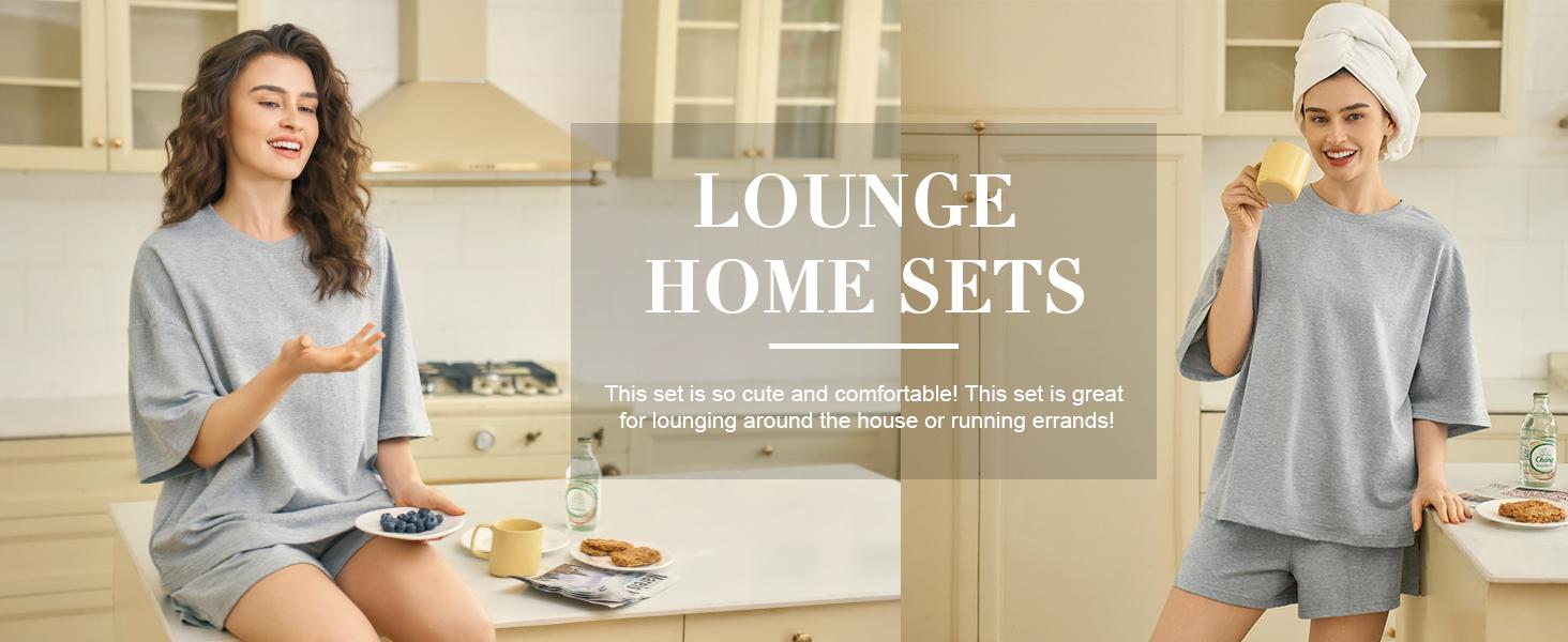 FMEYOA Womens Casual Comfy 2 Piece Outfits 3/4 Sleeve Tops and Elastic Waist Shorts Lounge Sets Loungewear