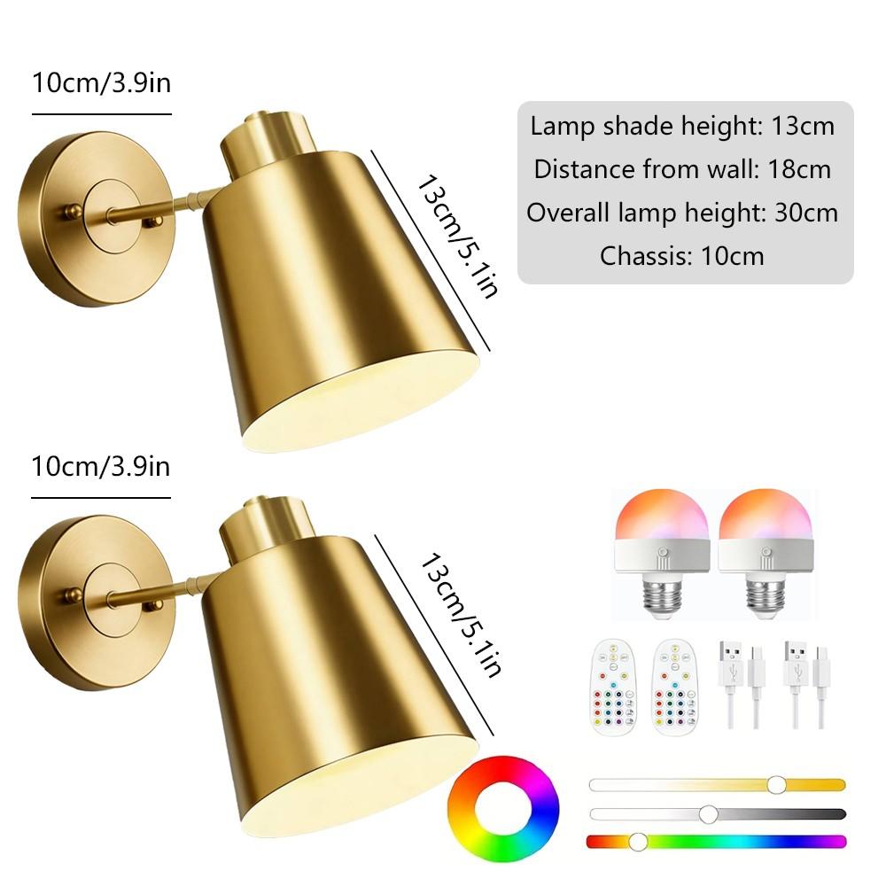 2-Pack Battery-Powered Wall Lamp, Black/Gold, Rechargeable Wall Light, Adjustable Bulb with Remote, 12 Colors, for Bedroom Living Room