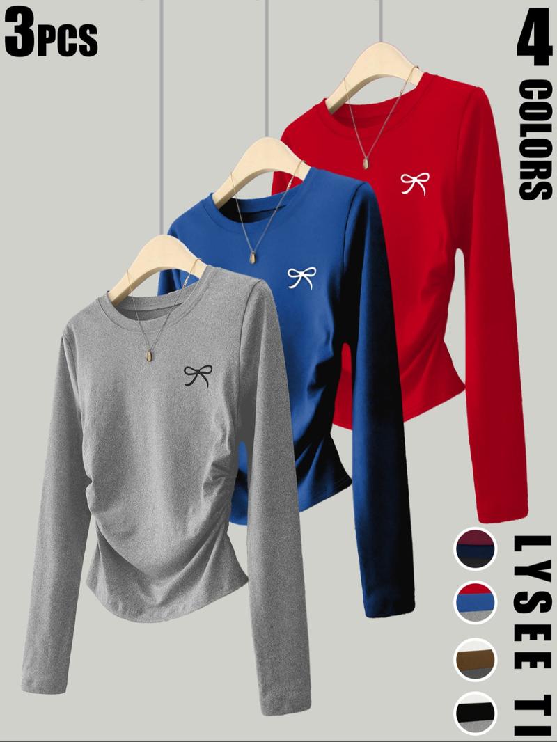 3pcs women's casual and fashionable slim fit small bow print details simple solid color pleated pullover shirt women's round neck long sleeved three piece T-shirt