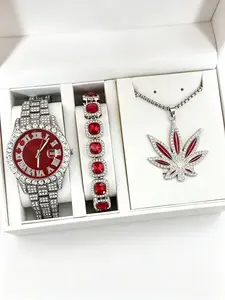 Luxury Punk Hip Hop Jewelry Set, 3pcs Gift Set, Roman Numeral Dial Watch, Silver Color Strap, Rhinestone Bracelet, Maple Leaf Pendant
