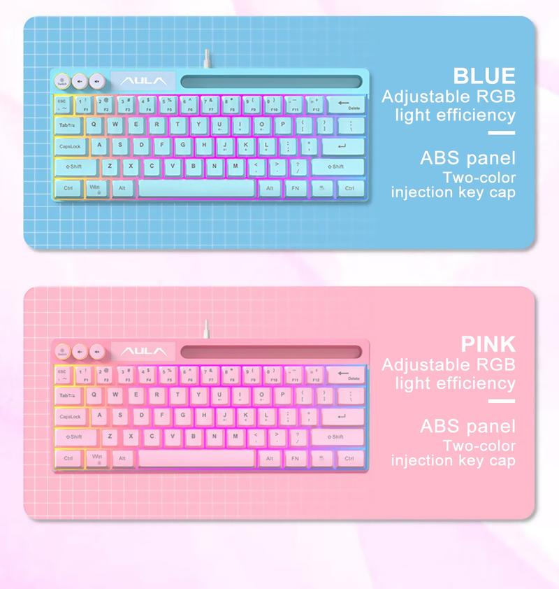 AULA F3061 mini wired keyboard, 61-key layout, plug and play, cool lighting, 22-key no impact, ergonomic design, simple and portable, compatible with Windows/Mac system equipment connection, RGB Backlit Keyboard