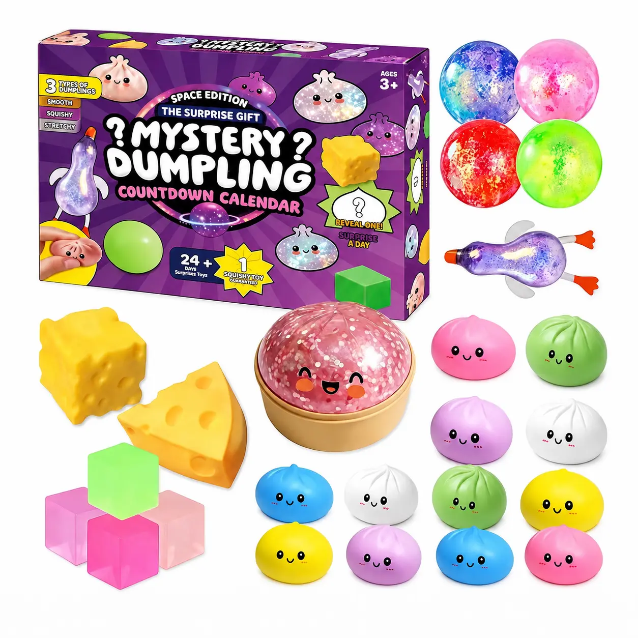 Space Edition Mystery Dumpling Countdown Calendar, 24+1 Days Christmas Advent Calendar Blind Box, Smooth Squishy Stretchy Cheese Gel Toys, Stress Relief Fidget Set for Christmas Thanksgiving Birthday Gifts