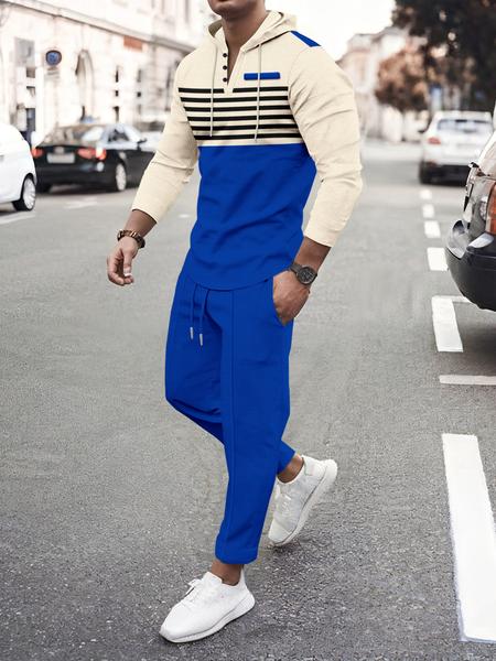 Men's Striped Hooded Sweatshirt & Waffle Knit Pants Set, Breathable Heavy Fabric, Casual Streetwear Travel, All Seasons Wear