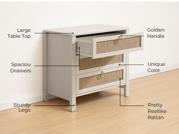 SICOTAS White Night Stand with Drawers - 15.55"D x 26.78"W x 25.67"H Rattan Bedside Table with Golden Handle, 3 Drawers Nightstand Side Table Boho Nightstand for Bedroom, Perfect for Any Bedroom, Durable and Stable