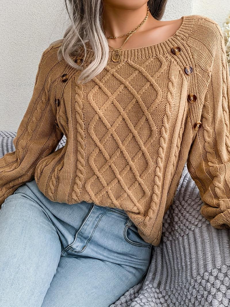 Sweaters for Women Oversized Crewneck Long Sleeve Casual Knit Pullover in Cable Knit Pattern, Solid Color, Fashionable & Elegant Tops White cardigan Skirts Drop Shoulder