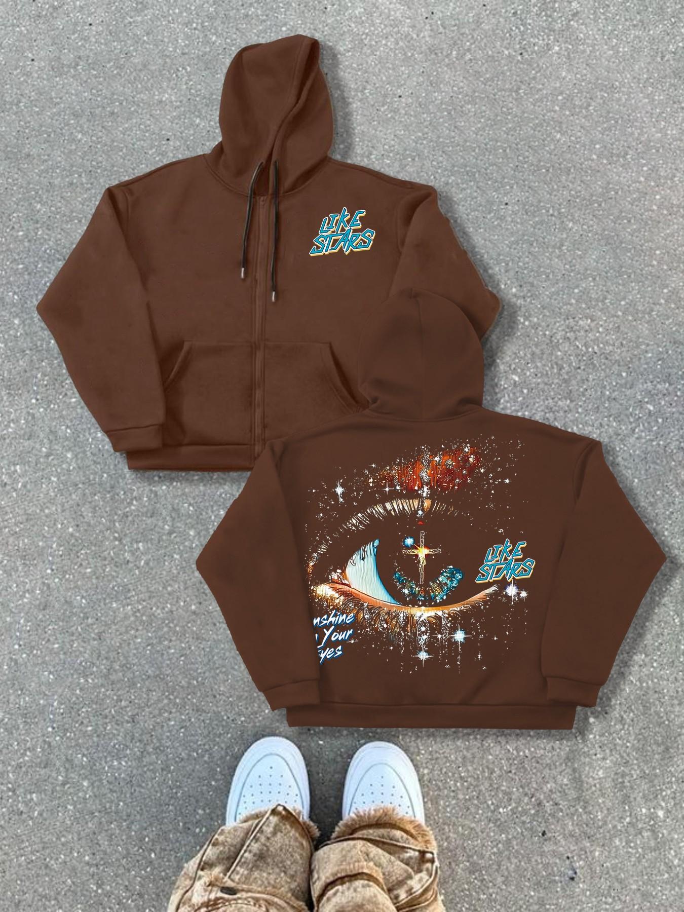 Autumn Winter Hooded Cardigan Sweatshirts Trendy Graphic Eye Letter Print Streetwear Street Style Fitted Knitwear, Thick Fabric, Perfect for Fall & Winter Seasons