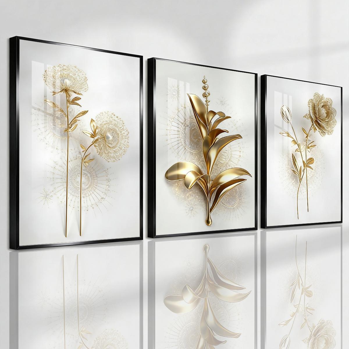 3 Counts Aluminum Alloy Framed Painting, Golden Abstract Flowers Artwork, Home Decoration For Living Room, Bedroom, Office, Restaurant, Hallway Wall Decor, Odorless Print Artwork, Luxury Perfect Gift For Friends And Family