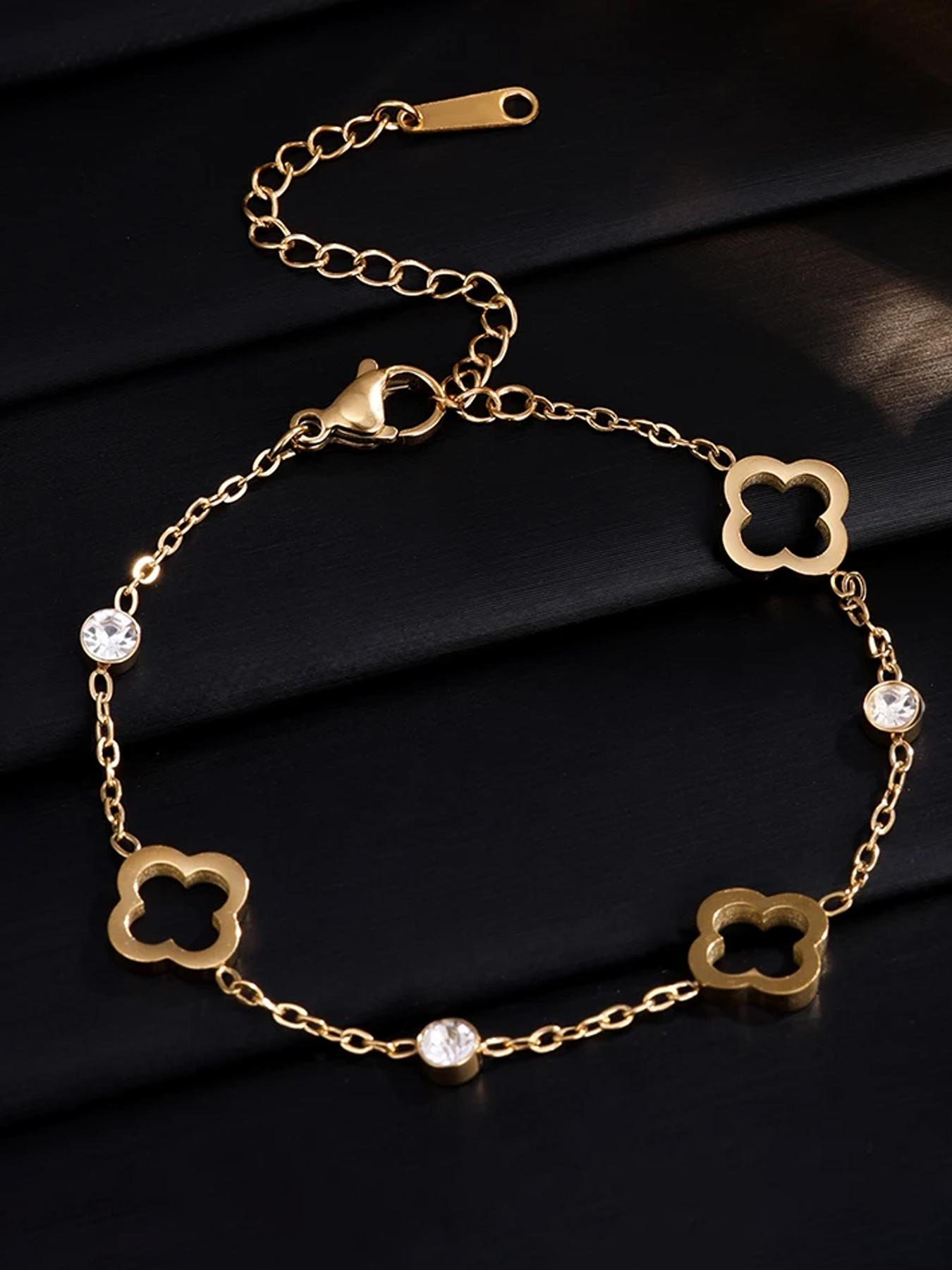 Fashion Hollow Out Lucky Clover Stainless Steel Zircon Bracelet, Simple Daily Versatile Women's Hand Chain, Elegant Ladies' Accessory, Elegant Jewelry Bracelet