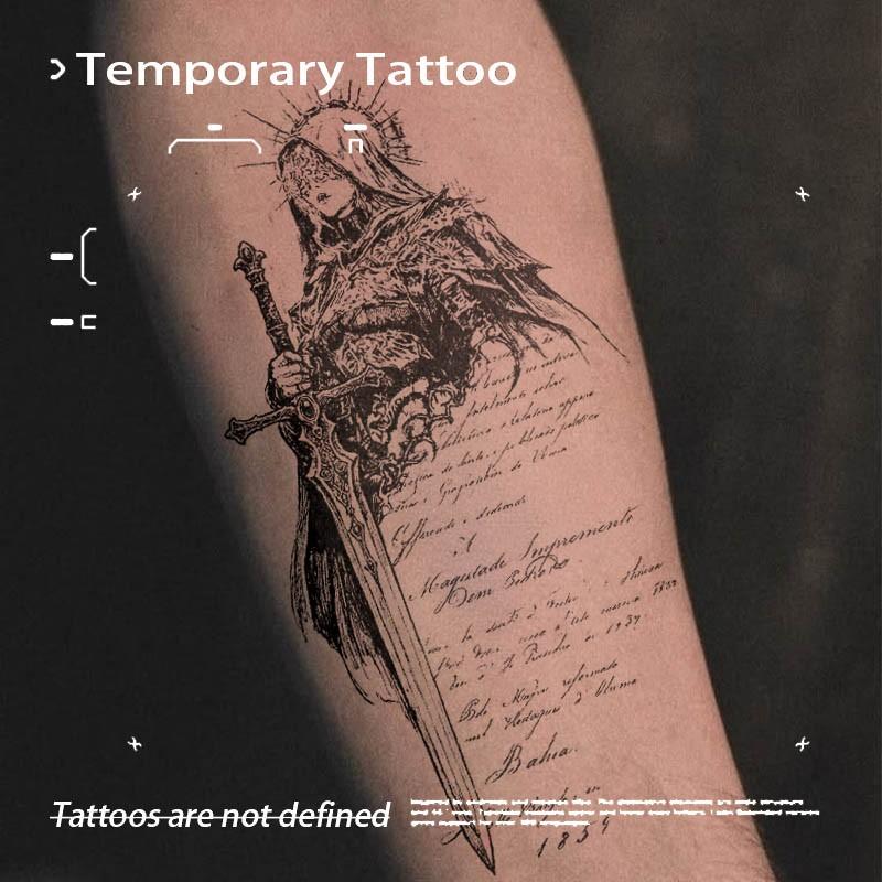 Vintage Script Holy Warrior Knight Sword Herbal Juice Semi Permanent Tattoo Sticker Waterproof Long Lasting Fake Body Tattoo Temporary Fake Tattoos Unisex Forearm Gothic Medieval Body Art Decal