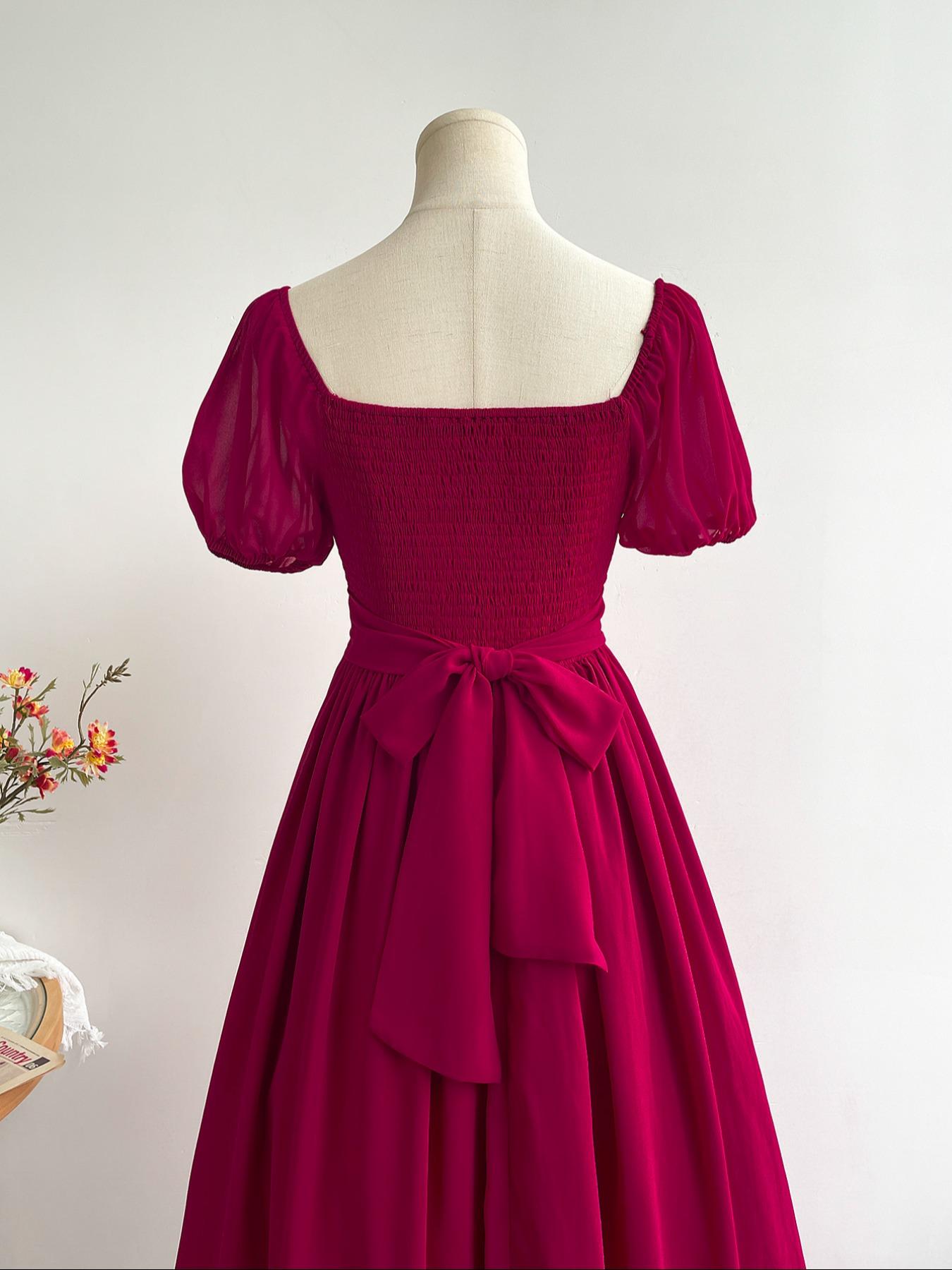 Women's Bohemian Vacation Elegant Chic Casual Waist-Tied Chiffon Woven Floral Long Short Sleeve Ruffle Hem Dress, All Seasons Fitted Style