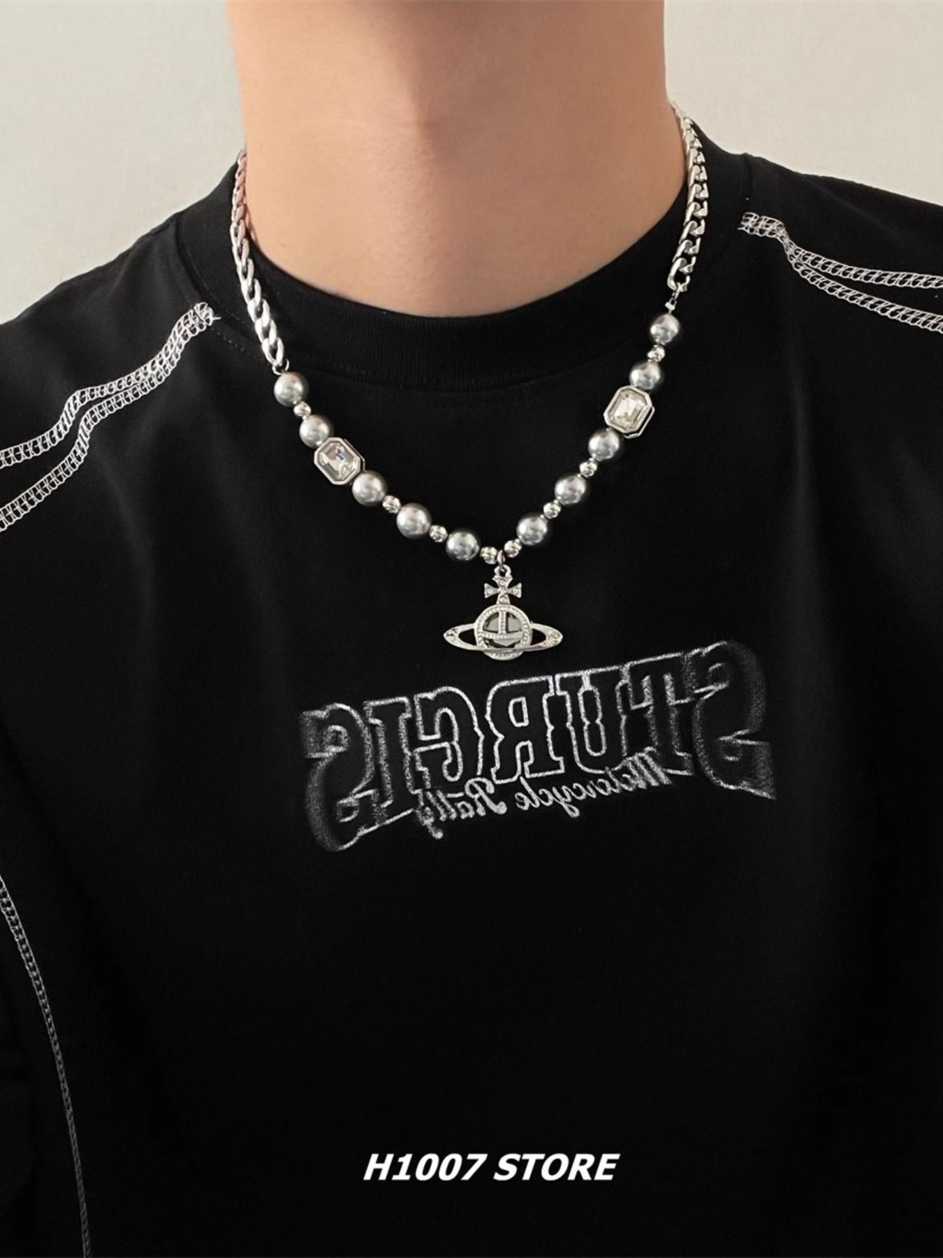 Fashionable Saturn Gray Pearl Pendant Necklace Unisex Hip-Hop Style & Sweater Chain Accessory Charm Necklaces Elevate Everyday Outfits with This Delicate, Trendy Jewelry Gift