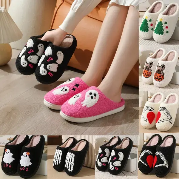 Women's Cozy Fluffy Plush Cartoon Print Slide Slippers, Soft Cotton, Slip-On Easy, Non-Slip, Warm Indoor Wear for Winter Holiday Gifting, Footwear, Cartoon Prints
