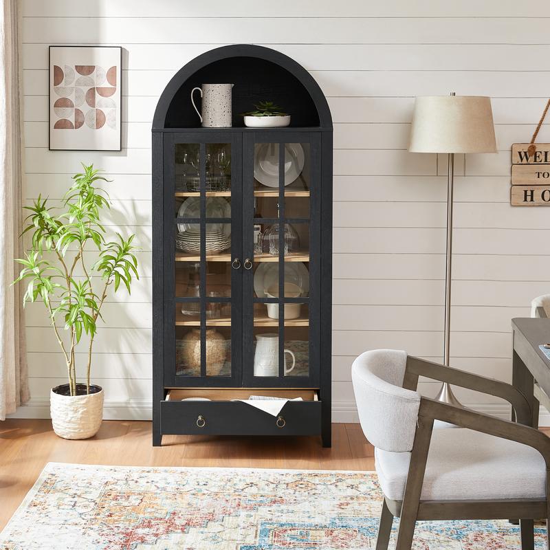 Farmhouse Arched Cabinet with Glass Doors, Wood Display Cabinet with Drawer and Adjustable Shelves, 71” Tall Bookshelf Modern China Storage Kitchen Pantry for Living Room,Office