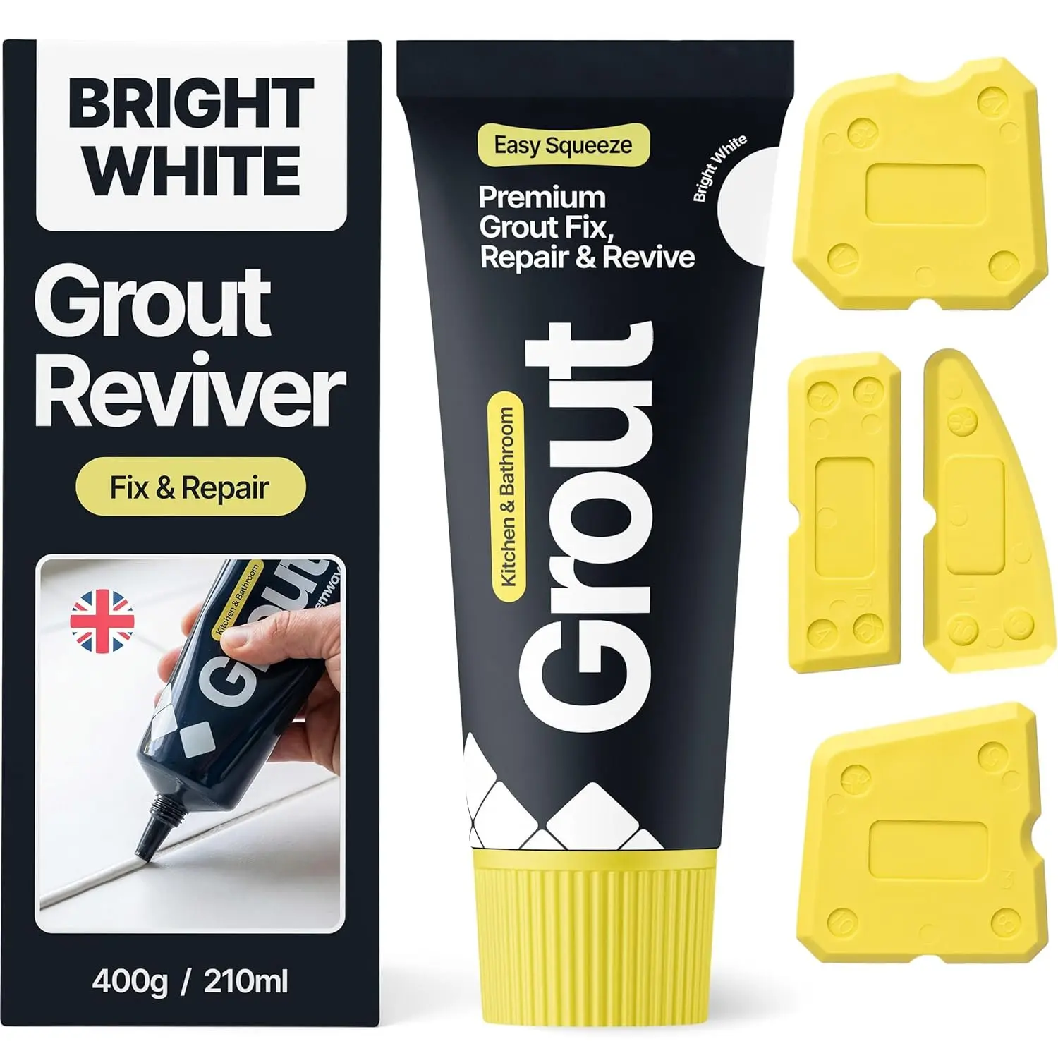 Bright White Grout Reviver 400g with 4 count Profiling Tool Kit |   Grout Repair, Wall & Floor Tile Adhesive, Kitchen Bathroom Shower,  Drying
