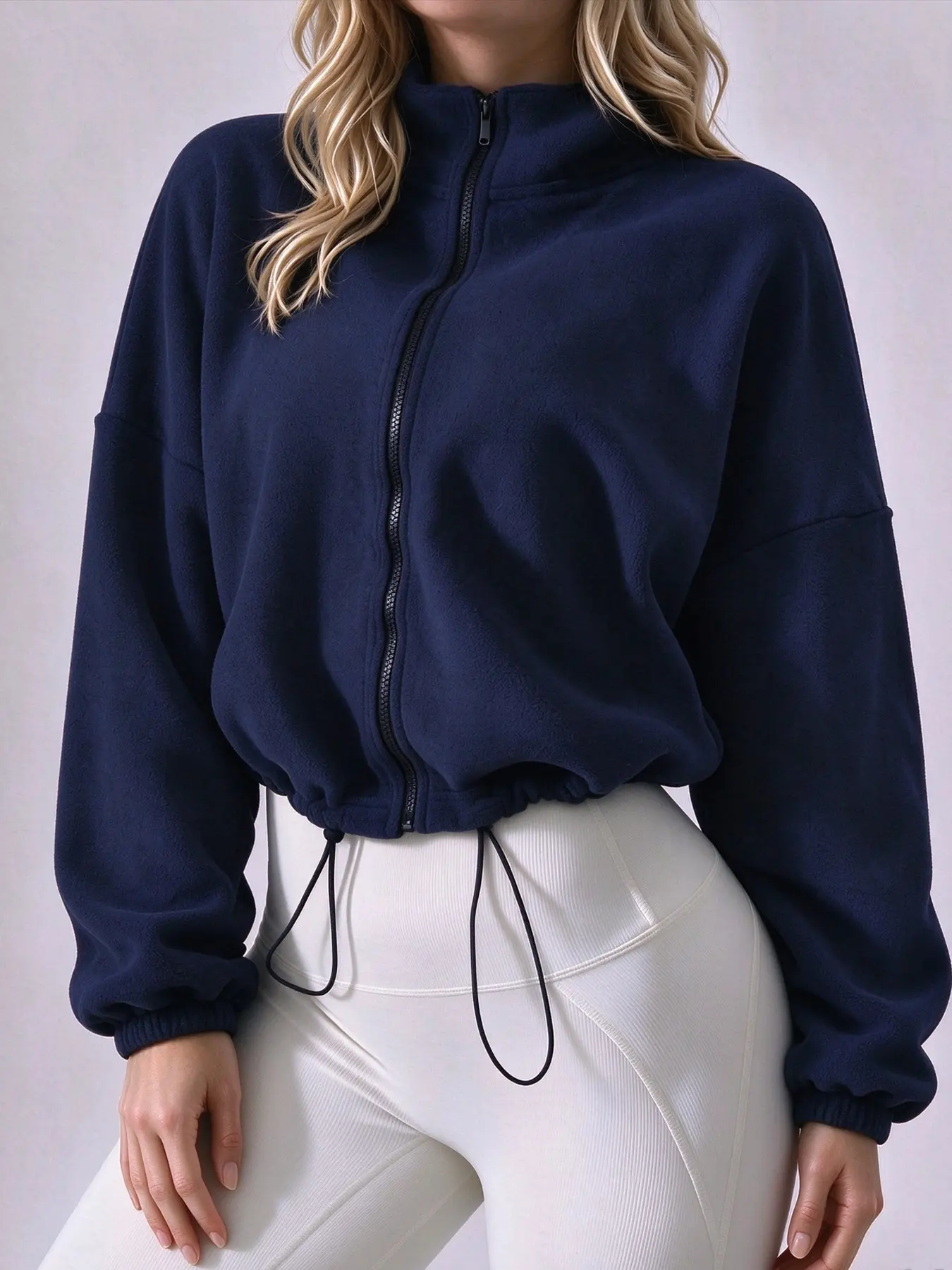 Trendy Retro Short Jacket, Soft Polar Fleece, Stand Collar Zipper, Drawstring Hem, Loose Fit, Fall Winter Essential, Three Colors Available