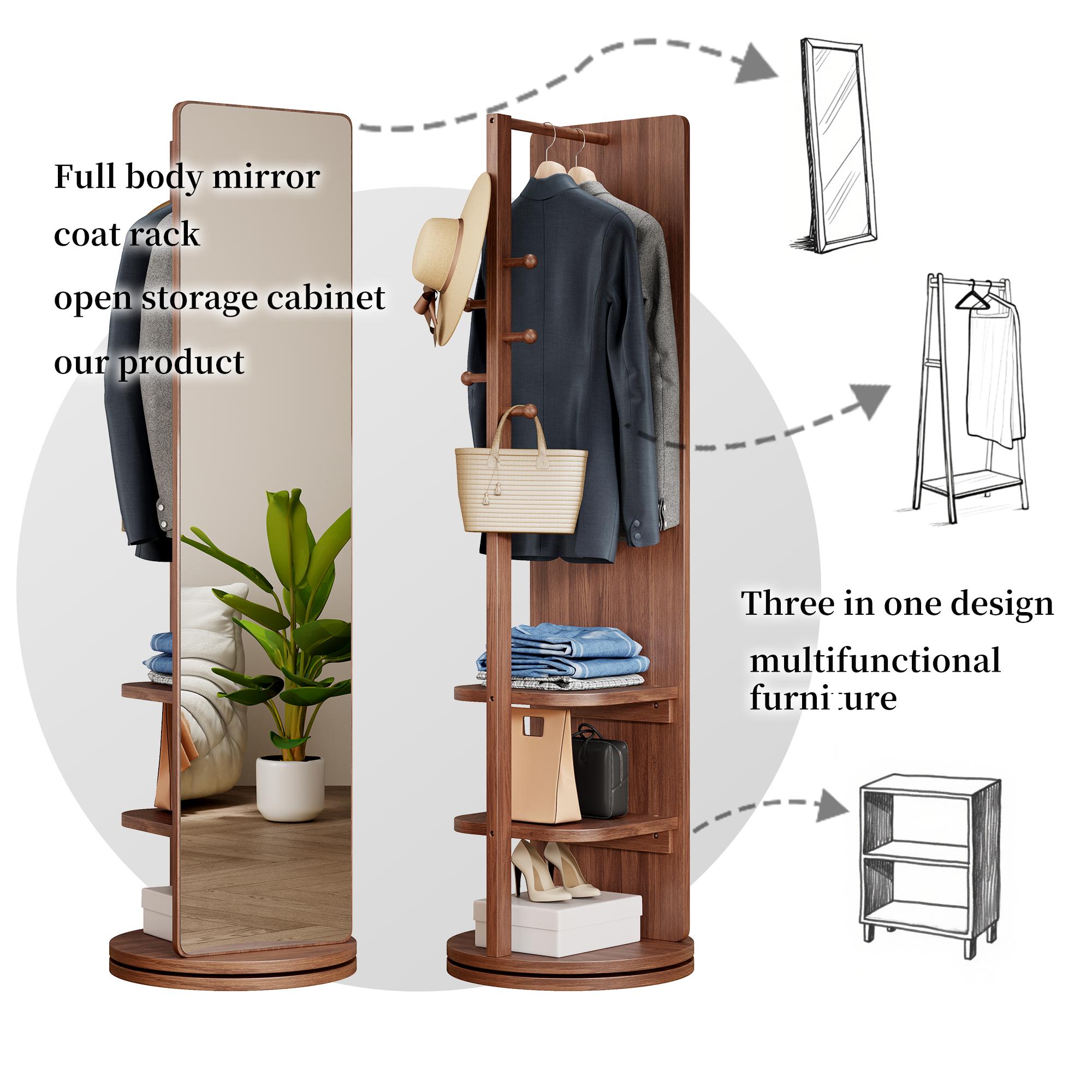 68.8x19.6in Modern Rectangle Walnut Solid Wood 360° Rotating Multifunctional Standing Mirror - Storage, Double-Layered Enlarged Base, Hook Hanging & Coat Rack, Eco-Friendly Decoration for Bedroom, Home Gym